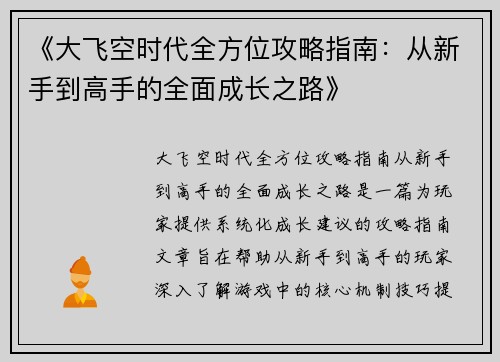 《大飞空时代全方位攻略指南：从新手到高手的全面成长之路》